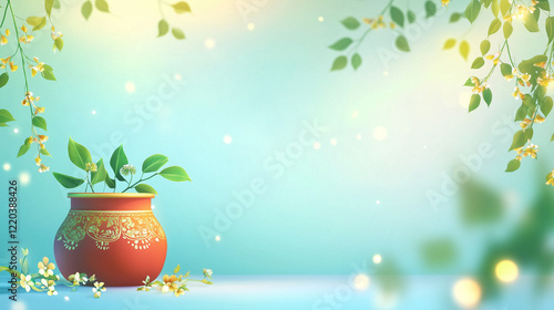 Ugadi Festival banner gradient copy space, neem leaf decoration and traditional pot with floral ornaments, light blue to soft green gradient background with soft light effect in the middle
