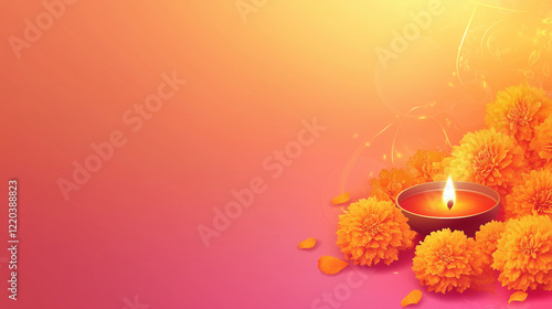 Ugadi Festival banner gradient copy space, visual elements of traditional calendar, marigold flowers and oil lamps on pink to orange gradient, Ai generated images photo