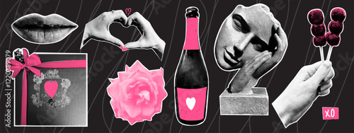 Retro punk Valentine's Day elements. Lips, gift, bottle of champagne, figurine, rose. Halftone collage. Dotted pop art style.