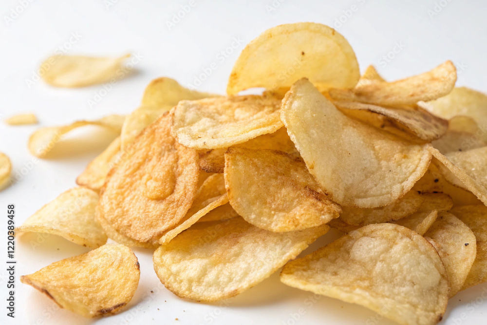Fried flat potato chips, snacks, on a white background Fried flat potato chips, snacks, on a white background