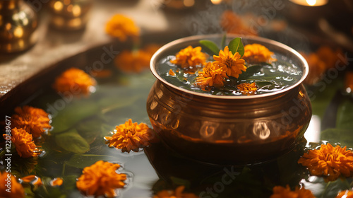 Ugadi Festival, traditional copper pot filled with water, neem leaves and coconut, surrounded by bright orange marigold flowers, Ai generated images photo