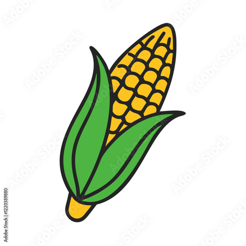 Cartoon corn with green leaves illustration