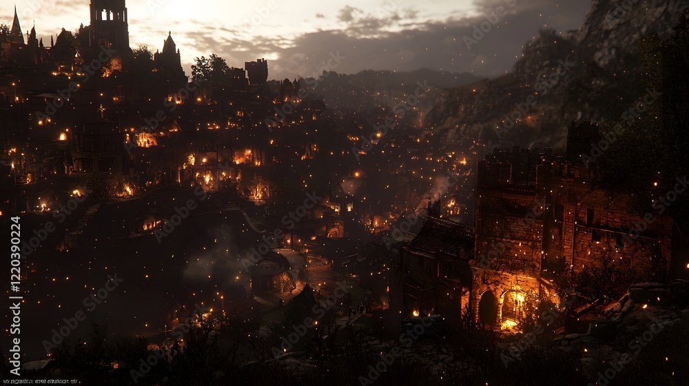Fototapeta premium Hillside medieval town burning, night, game backdrop