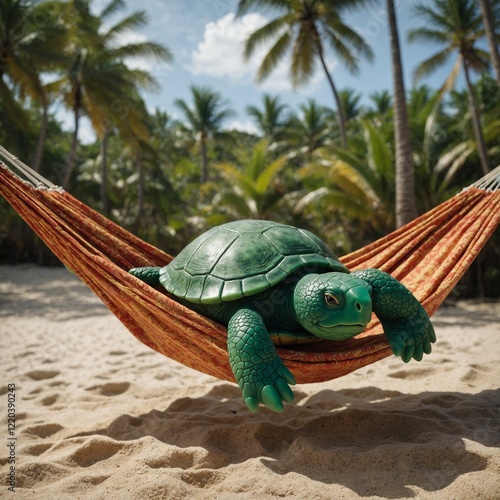 A soft squeaky toy shaped like a turtle, resting on a hammock in a tropical setting.