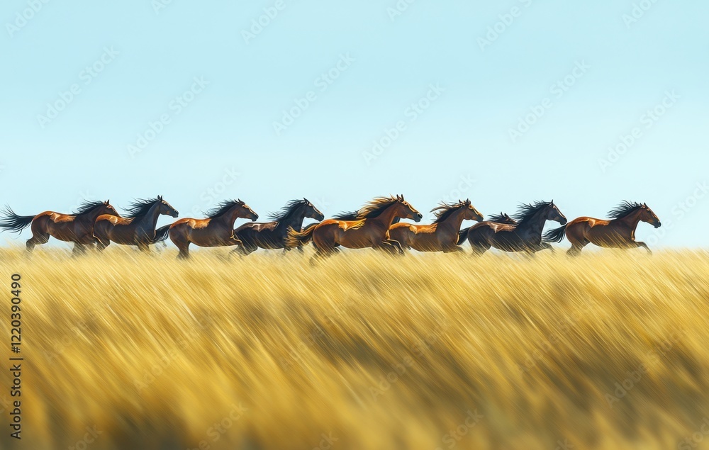 Obraz premium A herd of wild horses galloping across a sunlit golden field, capturing the essence of freedom and the beauty of nature in a vibrant landscape scene.