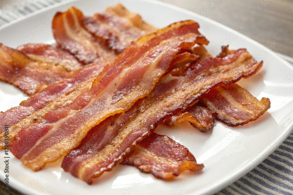 Fried bacon on a white plate Fried bacon on a white plate
