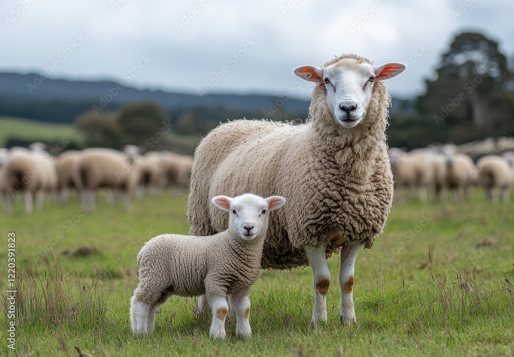 A Mother Sheep and Her Lamb Standing Together in a Green Pasture Surrounded by a Scenic Rural Landscape Under a Cloudy Sky A Mother Sheep and Her Lamb Standing Together in a Green Pasture Surrounded by a Scenic Rural Landscape Under a Cloudy Sky