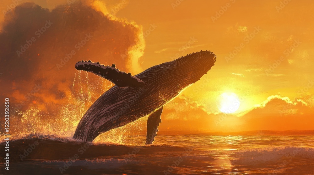 Fototapeta premium Majestic Humpback Whale Breaching at Sunset