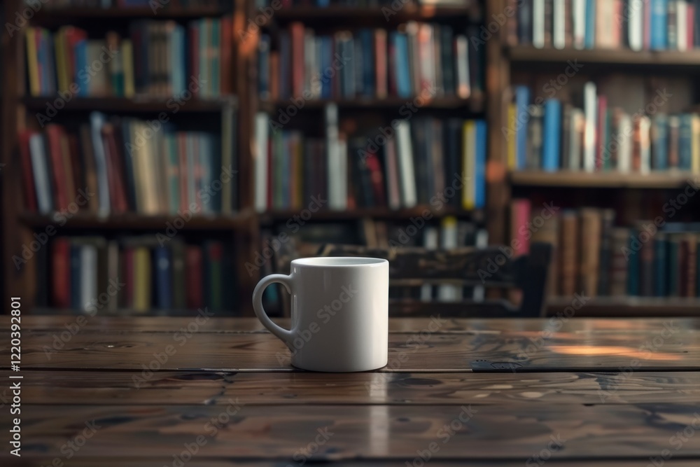 White Coffee Mug on Wooden Table in Cozy Library Setting White Coffee Mug on Wooden Table in Cozy Library Setting