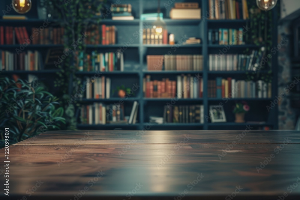 Cozy interior scene with wooden table and bookshelves in background Cozy interior scene with wooden table and bookshelves in background