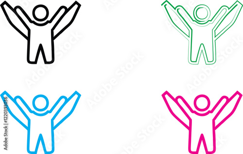 Minimalist stick figure icons, vibrant colors, simple line drawings, joyful poses, raised arms, abstract human shapes, geometric design, playful symbols, multi-colored illustrations, white background, photo