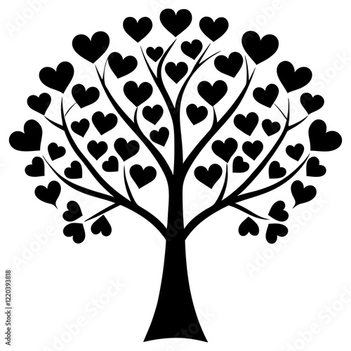 A family tree concept with hearts for leaves silhouette vector illustration