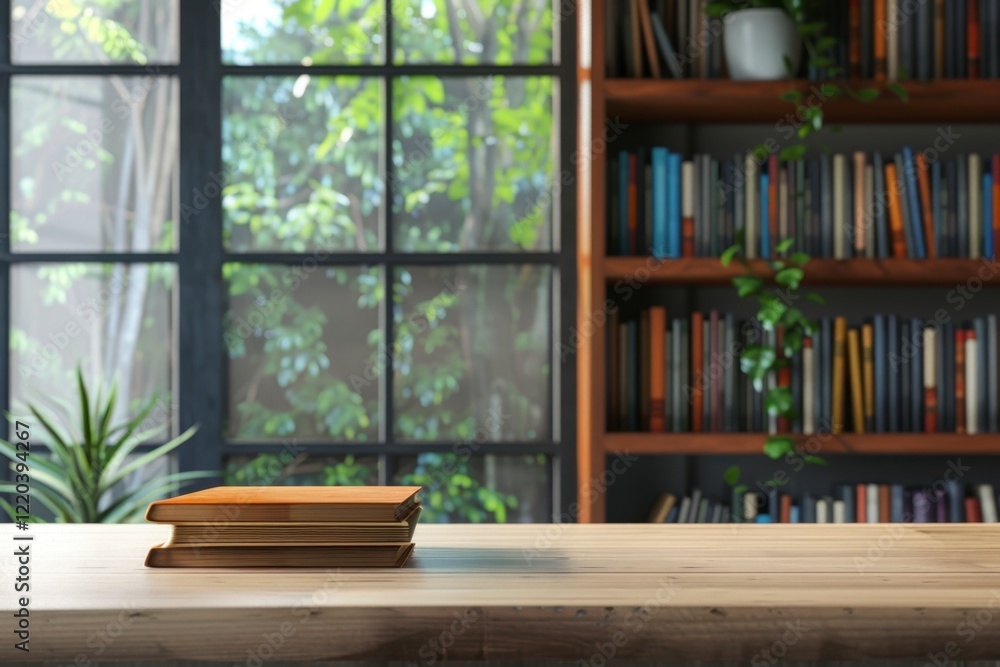 Fototapeta premium Cozy Reading Nook with Books and Lush Greenery in Background