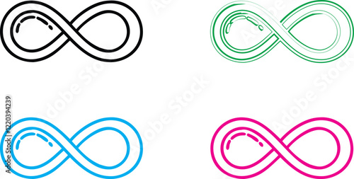 Infinity symbol, minimalist design, geometric shapes, clean lines, multiple colors, black pink blue green variations, simple graphic, mathematical concept, endless loop, symmetrical icon, vector illus