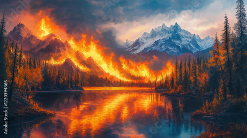 A digital painting of an autumn forest on the shore of a lake with mountains in the background.