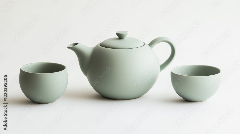 A minimalist tea set in matte mint green, including a teapot, sugar bowl, and matching teacups. A minimalist tea set in matte mint green, including a teapot, sugar bowl, and matching teacups.
