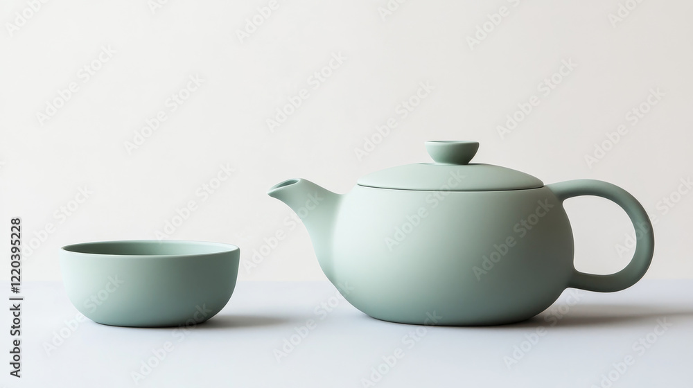 A minimalist tea set in matte mint green, including a teapot, sugar bowl, and matching teacups. A minimalist tea set in matte mint green, including a teapot, sugar bowl, and matching teacups.