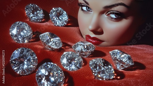 A cluster of sparkling diamonds scattered across a velvet surface, representing womena??s brilliance and value. photo