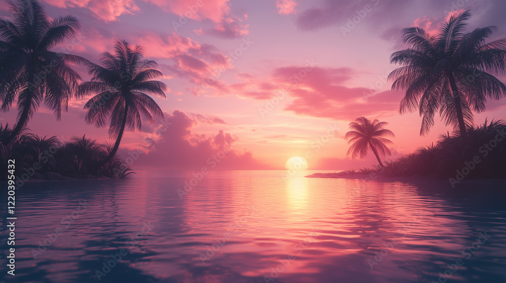 Obraz premium Serene Pink Sunset over Tropical Ocean with Palm Trees