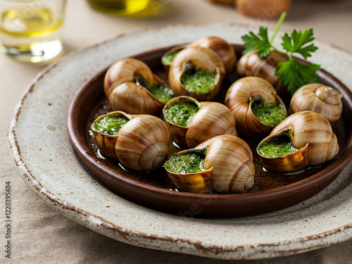 A plate of escargot, a traditional French dish made with snails cooked in garlic butter and herbs. The snails are nestled in their shells and arranged on a bed of parsley.