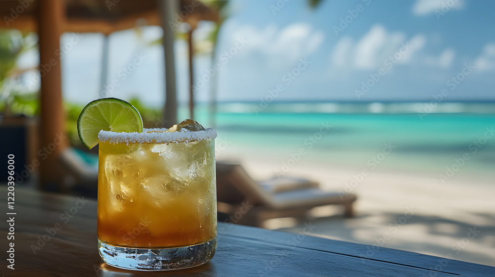 A Margarita cocktail served with a salted rim, lime wedge, and ice cubes, with a tropical vibe, beach bar setting, and clear blue ocean in the background. A Margarita cocktail served with a salted rim, lime wedge, and ice cubes, with a tropical vibe, beach bar setting, and clear blue ocean in the background.