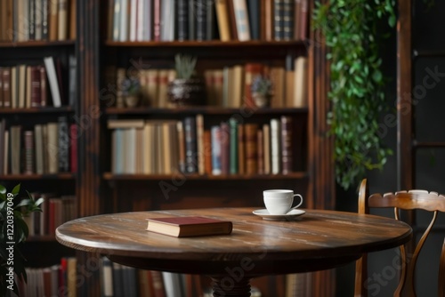Cozy Reading Nook with Bookshelf and Coffee Cup on Table