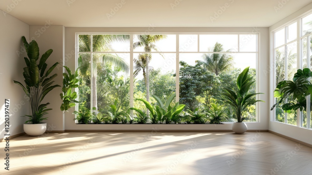Fototapeta premium Serene Tropical Room with Lush Greenery