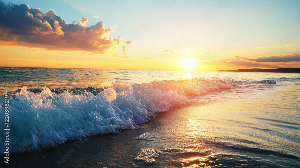 Fototapeta premium Golden Sunset Over Ocean Waves: A Serene Coastal Scene