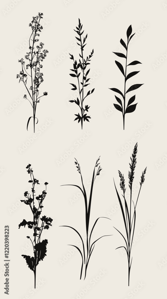 Naklejka premium Silhouette Vector Set of Bushes and Grasses for Nature and Design Projects