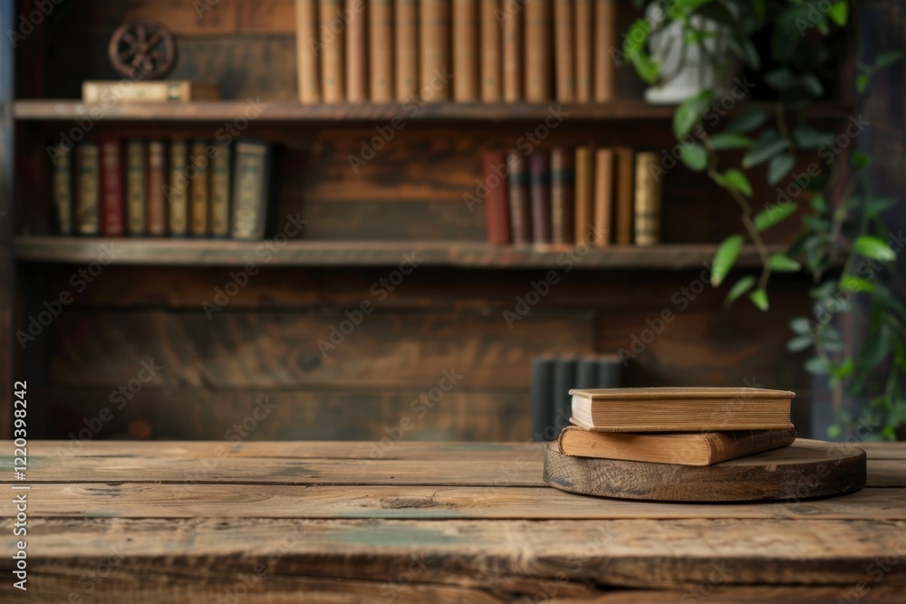 Cozy reading space with stacked books on wooden table surface Cozy reading space with stacked books on wooden table surface