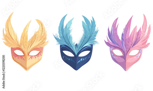 Colorful Festival Masquerade Masks Set with Feathers in Minimalist Vector Design