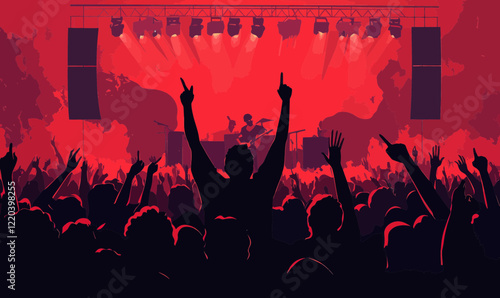 Energetic Music Concert Crowd with Stage Lights in Red and Black Vector Illustration