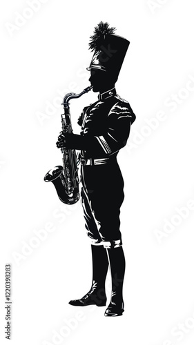 Silhouette Marching Band Saxophonist in Uniform Playing Wind Instrument Vector Art