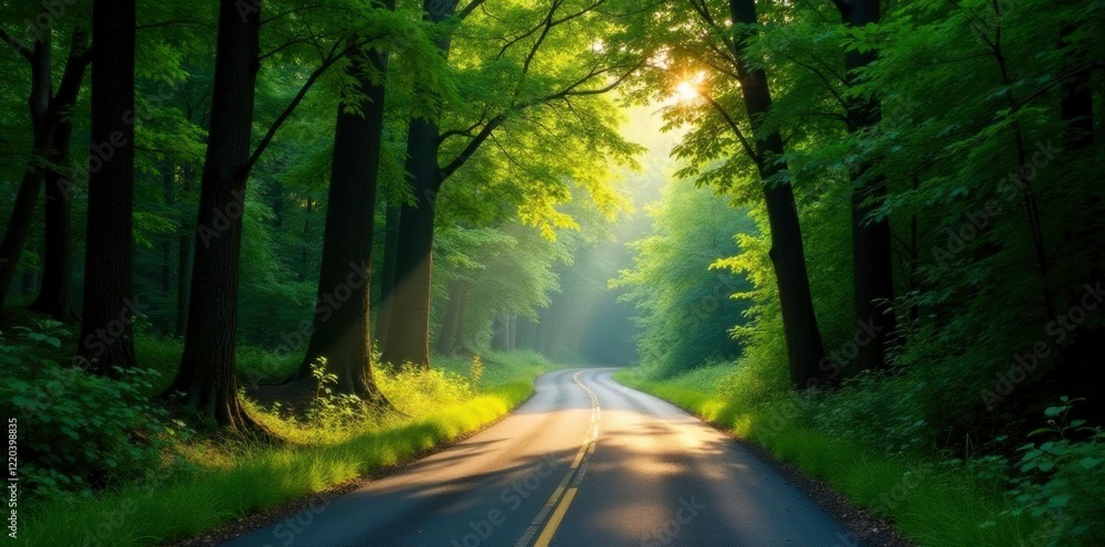 Obraz premium Dense foliage obstructs sunlight as trees form a tunnel on the winding road, trees, wilderness