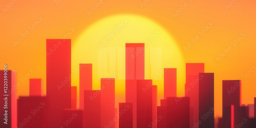 Fototapeta premium clean energy solar startup concept. Vibrant city skyline silhouette against a glowing orange sunset backdrop.