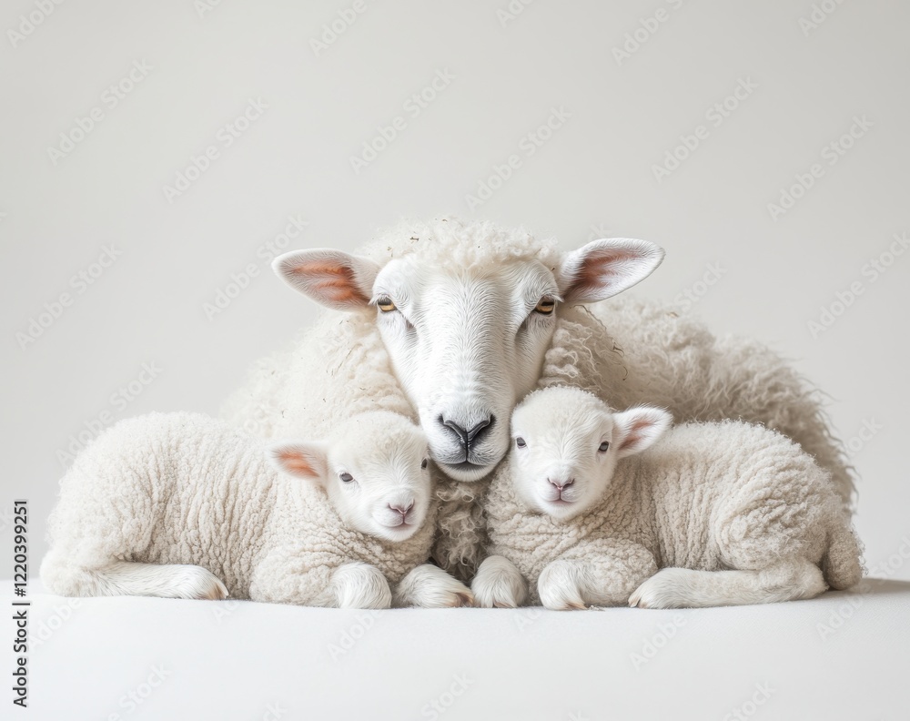 Fototapeta premium Adorable Sheep Family with Two Playful Lambs Displaying Soft Wool in a Serene Studio Setting, Emphasizing Comfort, Innocence, and Natural Beauty
