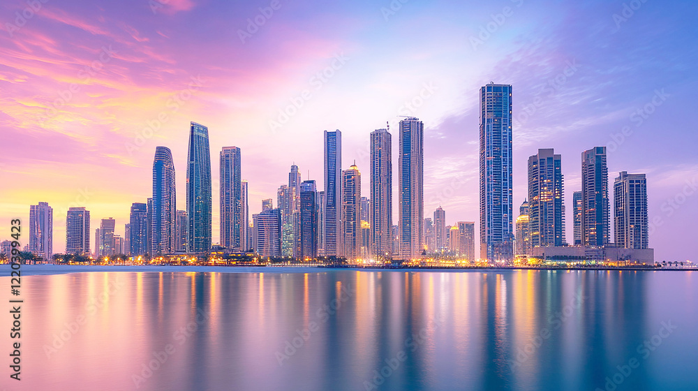 Fototapeta premium 都市の高層ビルと夕焼け