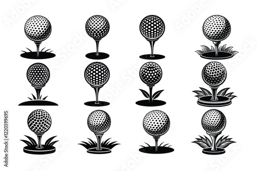 Golf Ball on Tee Icon Set – Black and White Vector Illustrations"