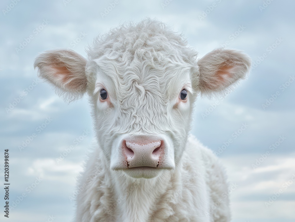 Obraz premium Adorable young calf with fluffy white fur gazes curiously at the camera against a soft cloudy sky in a serene rural landscape; perfect for farm and animal-themed projects.