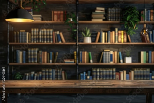 Wallpaper Mural Cozy Library Interior with Wooden Table and Book Shelf Background Torontodigital.ca