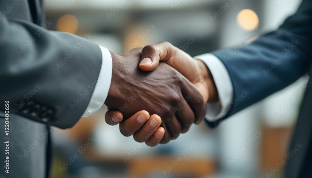 Close-up of a Caucasian businessman shaking hands with an African businessman, symbolizing teamwork and collaboration in a business merger. Close-up of a Caucasian businessman shaking hands with an African businessman, symbolizing teamwork and collaboration in a business merger.