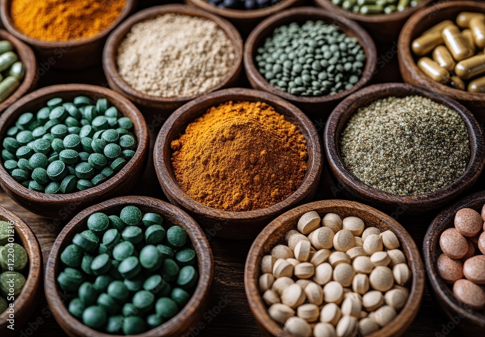 Assorted Natural Herbs and Spices in Wooden Bowls on Table, Colorful Selection of Healthy Ingredients for Cooking, Nutrition, and Wellness Recipes or Dietary Supplements Assorted Natural Herbs and Spices in Wooden Bowls on Table, Colorful Selection of Healthy Ingredients for Cooking, Nutrition, and Wellness Recipes or Dietary Supplements