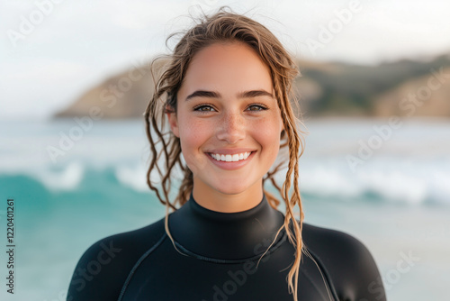 A cheerful young woman with sun-kissed skin, freckles, and loose curly hair smiles brightly while wearing a black wetsuit, standing near the ocean with waves crashing