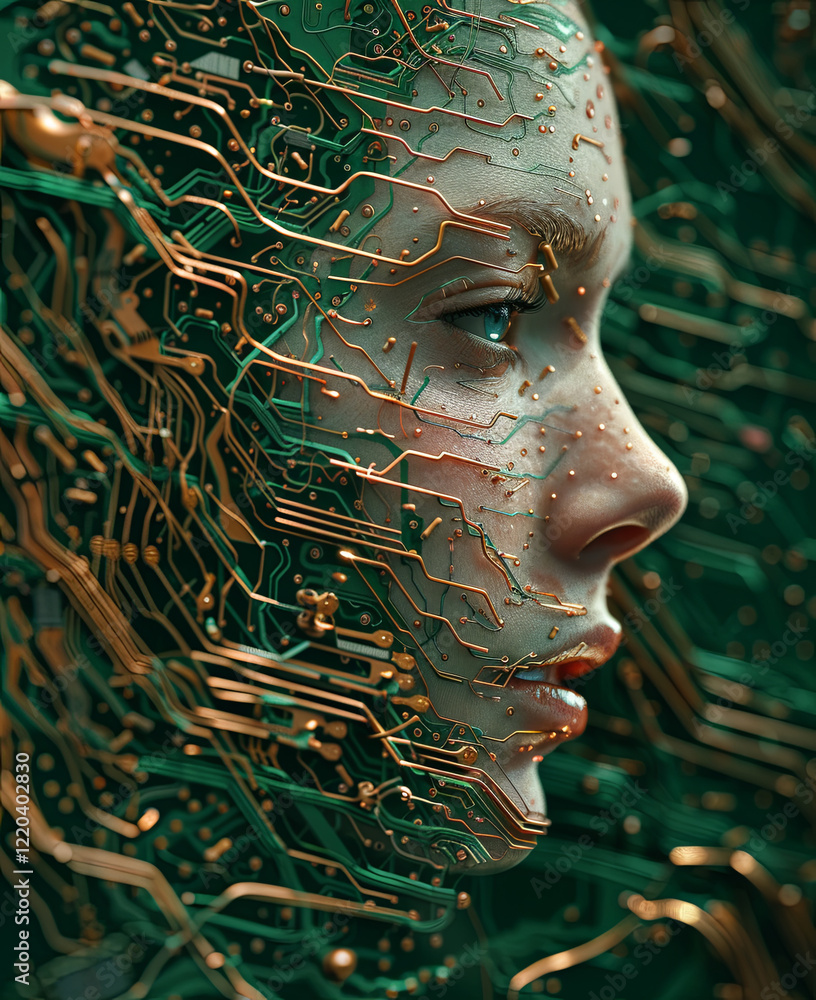 Futuristic Copper Wire Portrait of a Woman on a Green PCB Background Futuristic Copper Wire Portrait of a Woman on a Green PCB Background