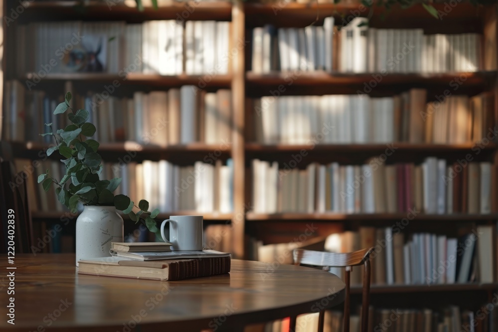 Cozy Reading Nook with Bookshelf and Greenery in Soft Light Cozy Reading Nook with Bookshelf and Greenery in Soft Light