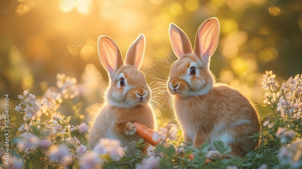 Fototapeta premium Two bunnies sharing carrot, sunset garden, spring