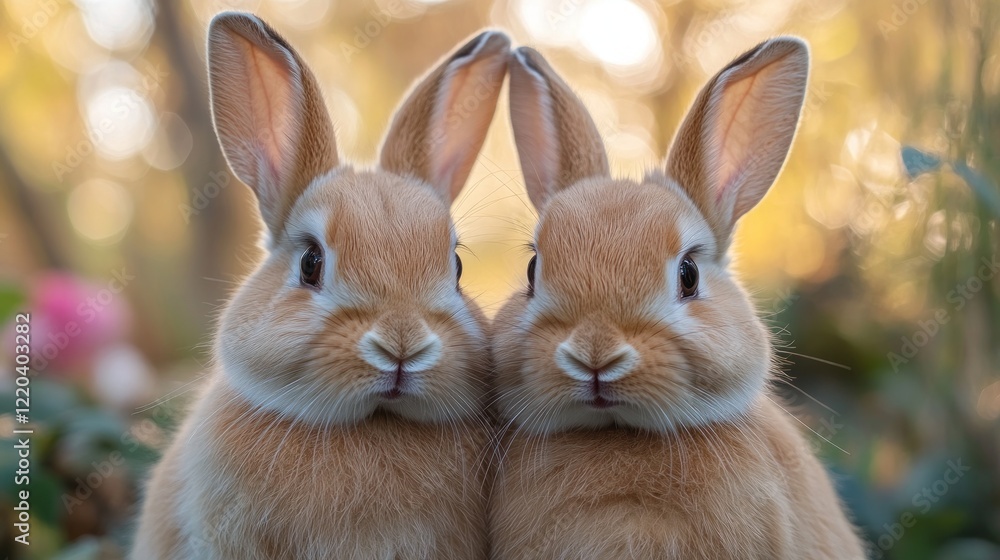 Fototapeta premium Two bunnies cuddling, garden bokeh, springtime