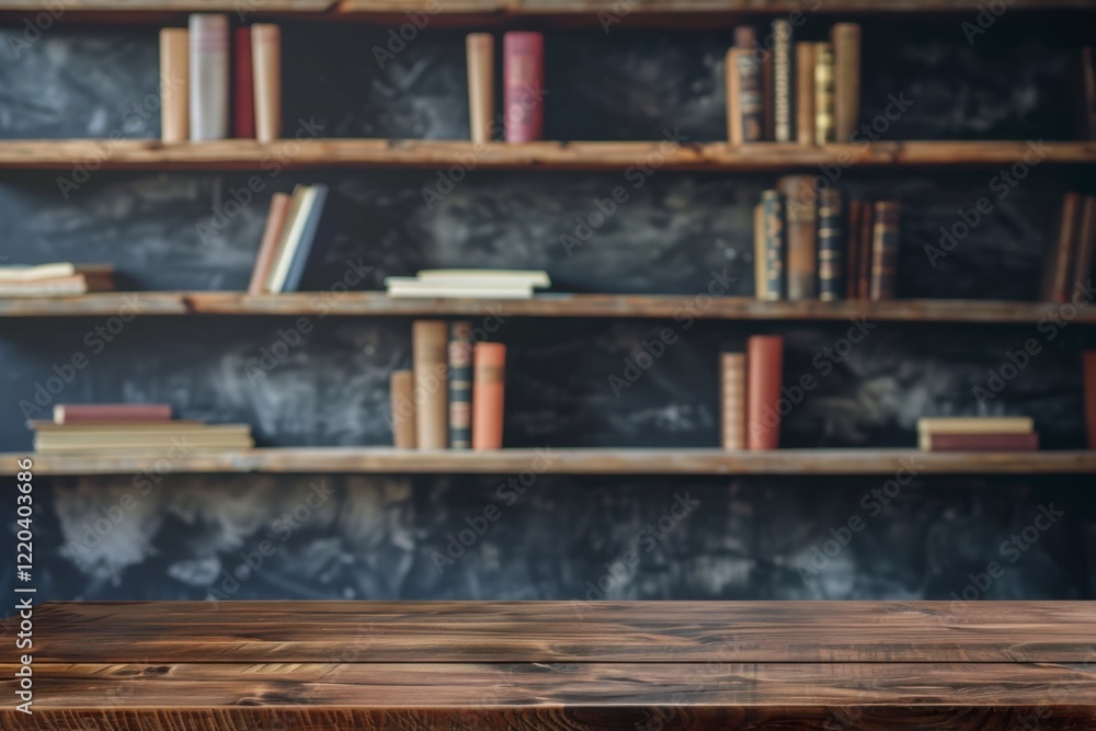 Wooden Table in Front of Bookshelves with Various Colored Books Wooden Table in Front of Bookshelves with Various Colored Books