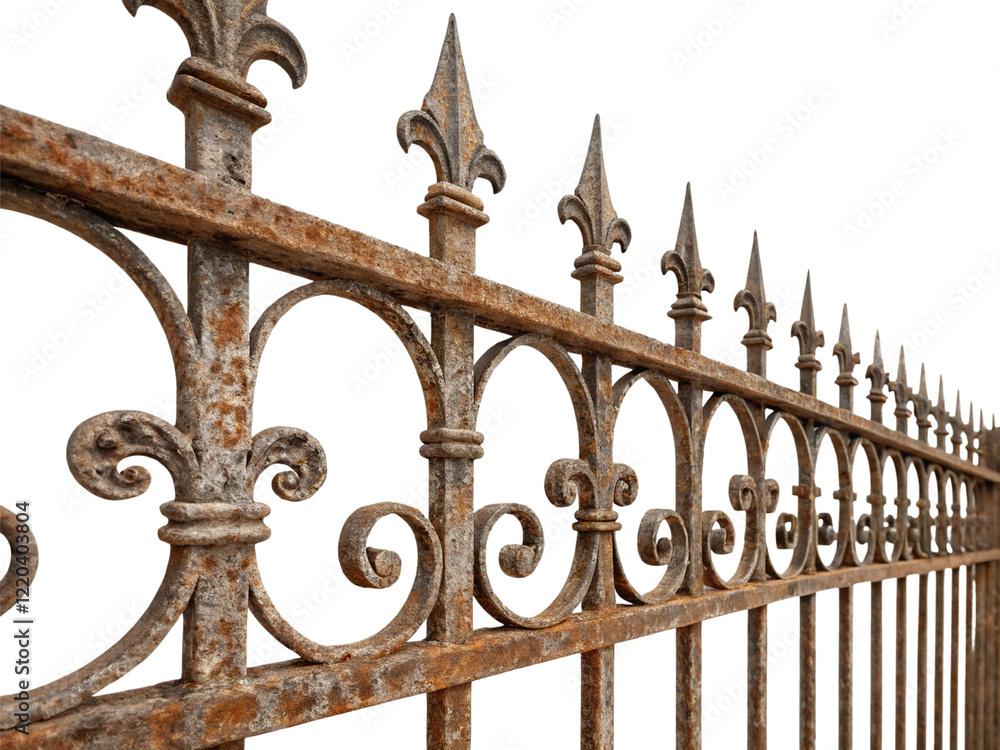 Obraz premium Old iron fence, rusty condition isolated on transparent background.