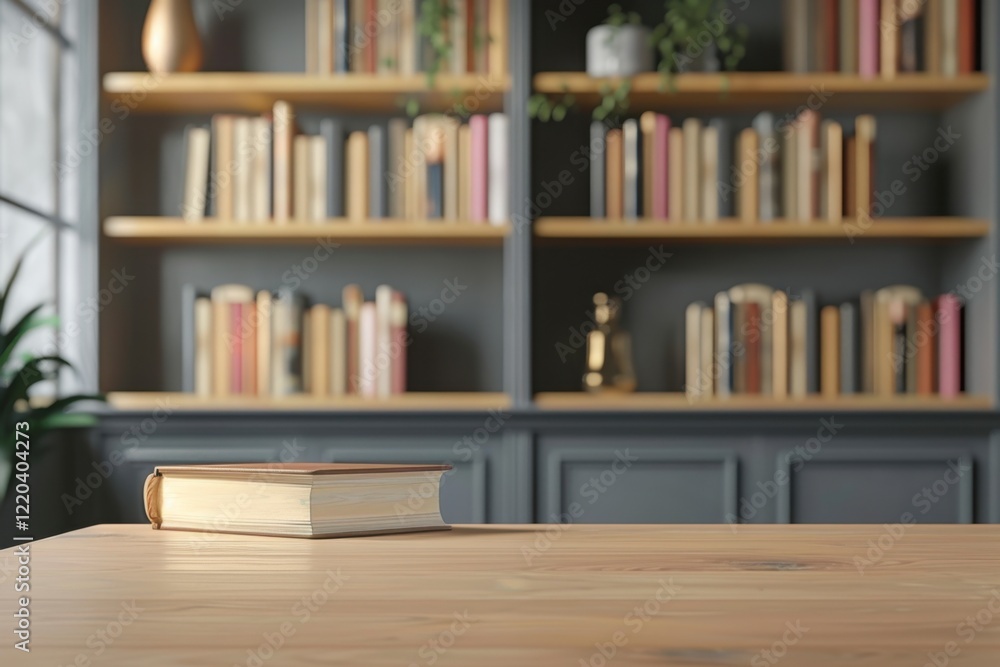 Cozy Home Library with Open Book on Wooden Table and Shelves Cozy Home Library with Open Book on Wooden Table and Shelves